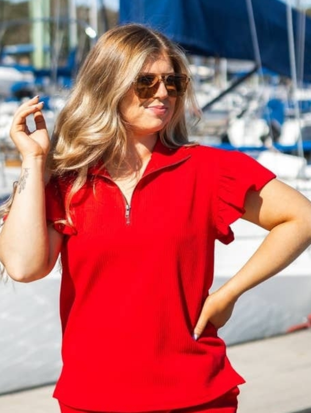 GRACE + EMMA Red Quarter-Zip Top with Flutter Sleeves - Picture 2 of 6